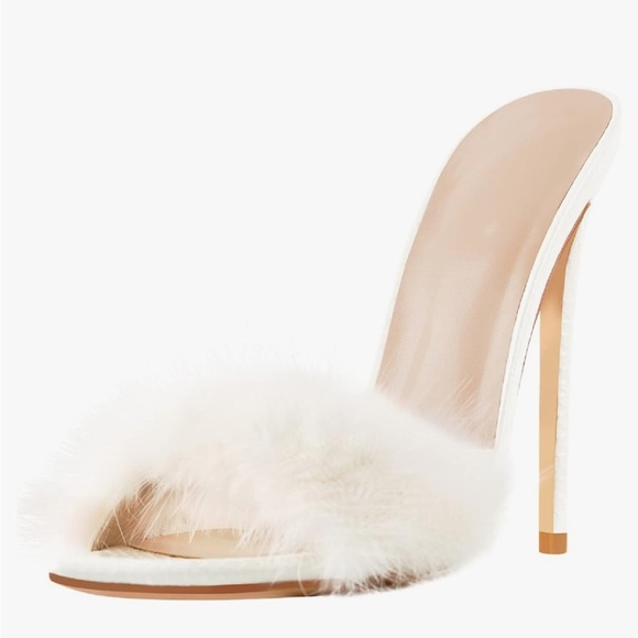 Richealnana Women's white Fur Fuzzy Mules Slip On High Heels Sandals 9 stilettos - Picture 5 of 11